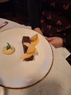 Poached quince - Coffee & Hazelnut Cake, Pine Custard, Gingerbread at Glas Restaurant in Dublin