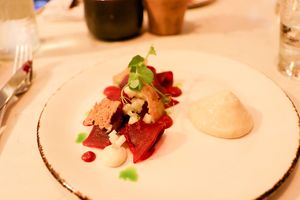beetroot carpaccio with aubergine mousse at Glas Restaurant in Dublin