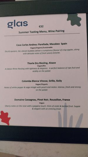 Wine pairing tasting menu as of July 2025 at Glas Restaurant in Dublin