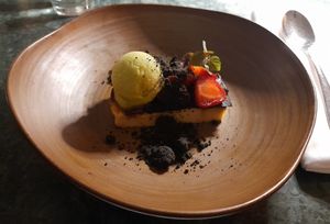 Baked cheesecake, macerated strawberries, cucumber sorbet, liquorice crumble at Glas Restaurant in Dublin