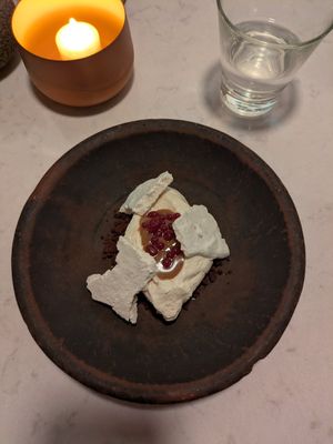 White asparagus alfajor (with dulce de leche) and  licorice meringue. at Glas Restaurant in Dublin