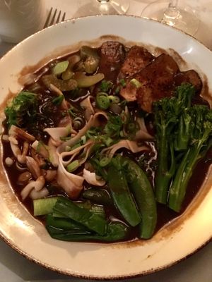 Tofu, tenderstem broccoli and rice noodle ginger broth at Glas Restaurant in Dublin