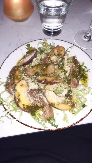 Aubergine and peach salad at Glas Restaurant in Dublin