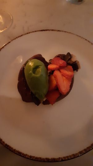 Chocolate mousse, strawberries and basil sorbet at Glas Restaurant in Dublin