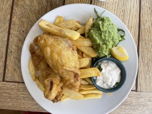 Banana blossom fish & chips with mushy peas  at The Godstone Inn in Godstone