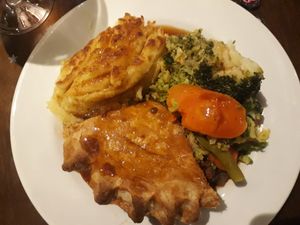 Incredible mushroom, lentil, and ale pie, with cheesy mash, veg, and gravy. One of my favourite meals I've ever had!  at The Godstone Inn in Godstone