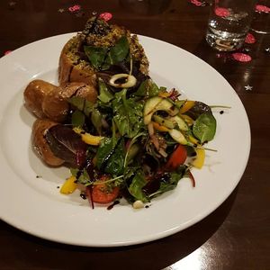 Main - stuffed butternut squash with roasted new potatoes and salad at The Godstone Inn in Godstone