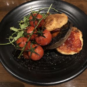 Cheesy scone with tomato chutney, portobello mushroom and vine tomatoes  at The Godstone Inn in Godstone