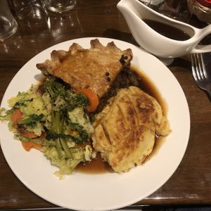 Mushroom, lentil and ale pie, cheesy mash and veg plus extra gravy at The Godstone Inn in Godstone