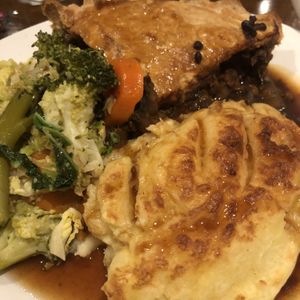 Mushroom, lentil and ale pie, cheesy mash and veg plus extra gravy at The Godstone Inn in Godstone