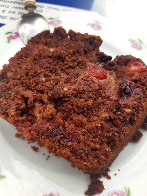 sweet vegan cake with chocolate, berries and chili at Curieux Coffeeshop in Nantes