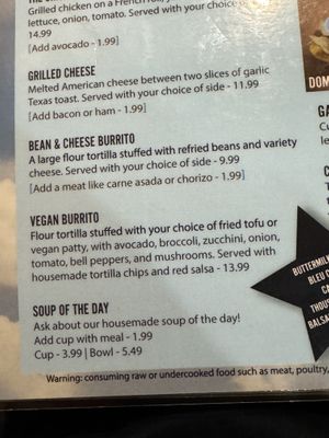 Menu  at Texas Sunrise in Fredericksburg