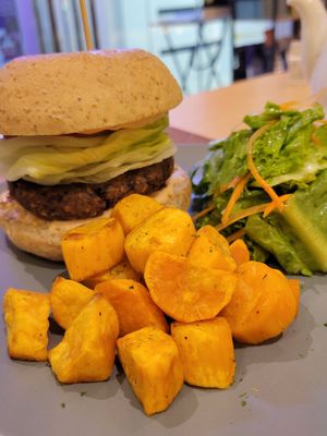 Bean burger and sweet potato fries at iVegan in Makati