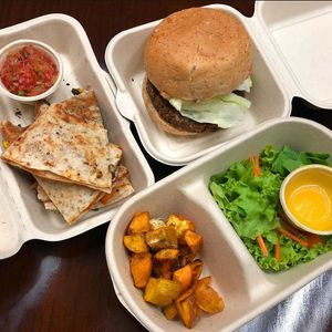 Black bean burger with side salad, air fried sweet potatoes and vegan quesadillas 😋 at iVegan in Makati