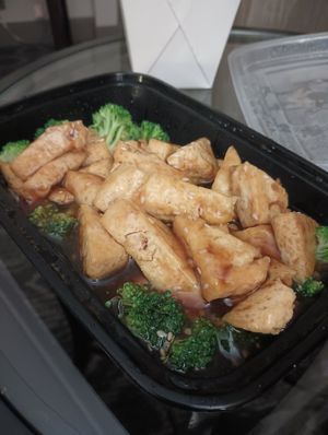 Sesame tofu with broccoli. at Harmony Vegetarian in Chamblee
