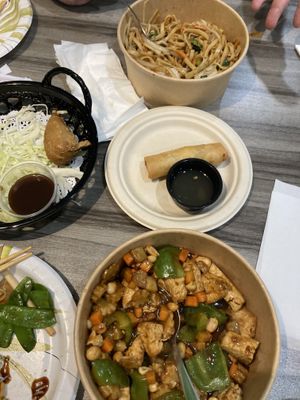 kung pao tofu, chicken wings, spring rolls, noddles  at Harmony Vegetarian in Chamblee