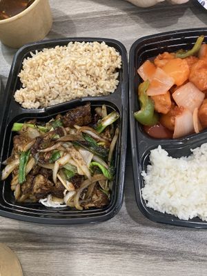 Mongolian beef and sweet and sour chicken  at Harmony Vegetarian in Chamblee