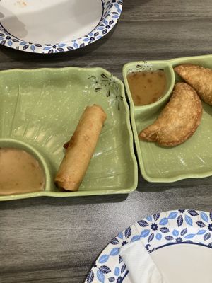 Spring roll & curry pocket  at Harmony Vegetarian in Chamblee