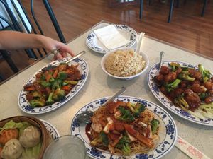 Beef & broccoli, vegetable chow mein, General Tso's chicken, and dumplings at Harmony Vegetarian in Chamblee