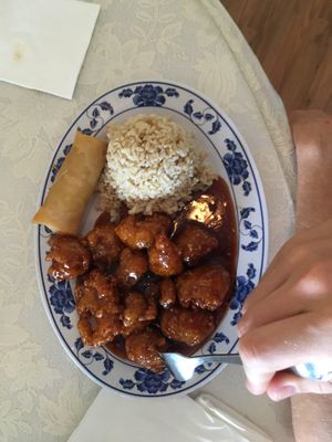 Sesame chicken with spring roll at Harmony Vegetarian in Chamblee