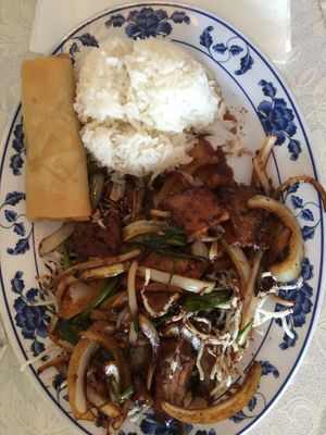 Mongolian Beef with spring roll and white rice  at Harmony Vegetarian in Chamblee