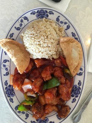 Sweet and sour chicken with curry pockets  at Harmony Vegetarian in Chamblee