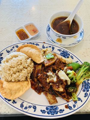 Sliced Pork Szechuan Style (w brown rice, curry pockets, hot & sour soup) for just $6.43 include tax. at Harmony Vegetarian in Chamblee