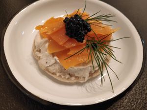 Blini with carrots (tastes and looks like salmon!) at Pepper & Ginny - Vegane Veinkost in Vienna