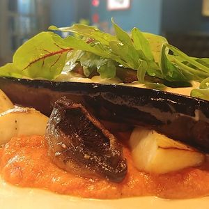 Roasted eggplant and mushroom

roasted eggplant and mushroom garnished with bean mayonnaise and cashew nut creem rose sauce at Pasta Ciao in Busan