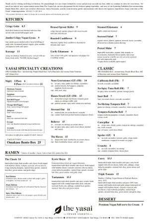 Online menu from QR Code at The Yasai - Convoy in San Diego