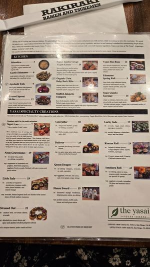 Menu at The Yasai - Convoy in San Diego
