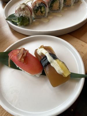 A pair of nigiri...loved the pineapple! at The Yasai - Convoy in San Diego