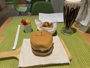 Burger, onion rings and vanilla-chocolate milkshake.  at Doppel Brügger in Rio De Janeiro