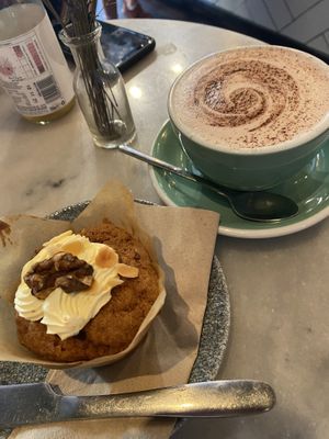 Carrot muffin and hot chocolate  at Wolfox in Brighton