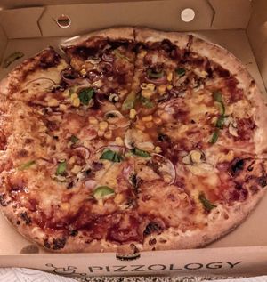 Verily Vegan with BBQ base (onions, green peppers, mushrooms, sweetcorn, vegan cheese) #Veganuary at Pizzology in Salford