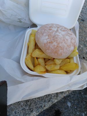 Vegan butty (chips in a burger bun)  at Infinity Fish Bar & Grill in Portrush