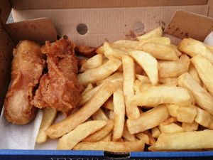 Vegan battered sausage and chips at Infinity Fish Bar & Grill in Portrush