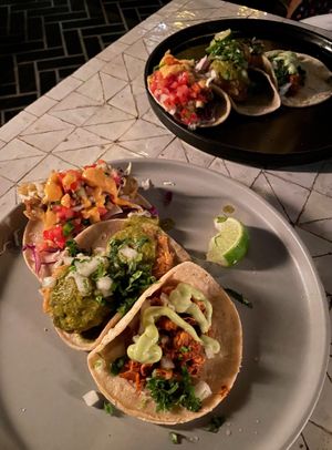 Taco Flight with the Taco Tuesday menu ONLY jackfruit taco and potato mole taco plus my fave, the mushroom taco. at Gracias Madre in Newport Beach