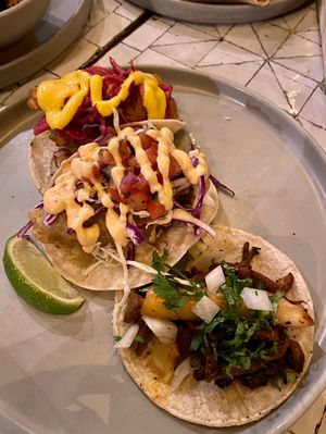 Taco Flight - Coconut, Mushroom, Al Pastor at Gracias Madre in Newport Beach