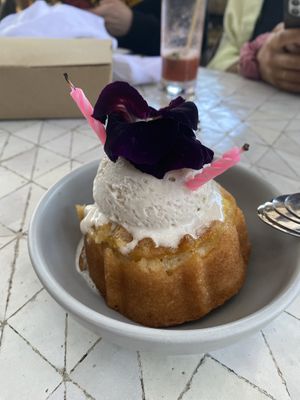 Birthday pineapple upside down cake with vanilla gelato ￼  at Gracias Madre in Newport Beach