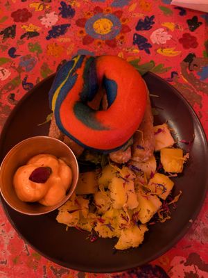 Meat is the Wurst vegan rainbow bagel. at Plush in York