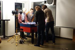 Playing tabletop football at the 2019 vegan X-mas party at SaarVeggies in Saarbrucken