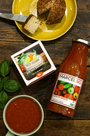 Some gaspacho + summer edition of Petit Veganne cheese at Cabane du 12 in Nice