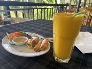 Spring rolls and mango smoothie  at Thai Me in Krabi