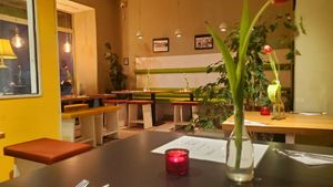 Inside (we were early) at Falafel Sababa in Berlin