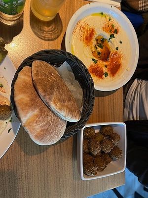 Humus with pita and falafel at Falafel Sababa in Berlin