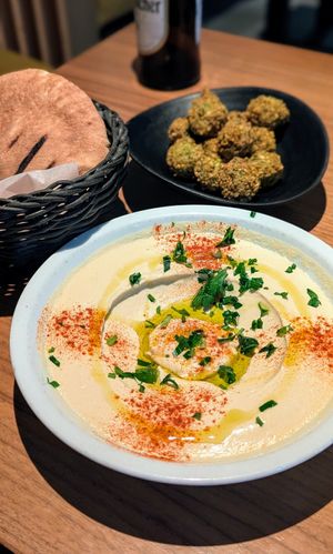 Hummus, falafel, pita at Falafel Sababa in Berlin