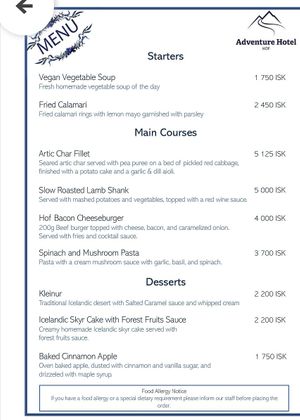 Menu. The vegetable soup and baked apple were both vegan at Adventure Hotel Hof in Hof