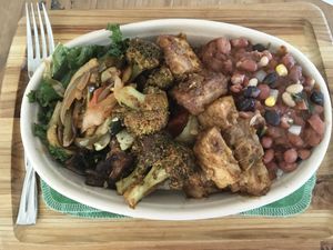 Kale, veg stir fry, tandoori broccoli, tofu masala, red lentil dal over basmati $10 at Foster's in Seven Mile Beach