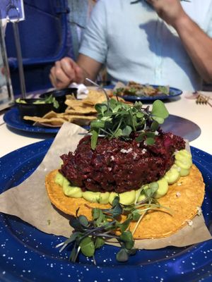 Beet tartare tostada at Nixta Taqueria in Austin